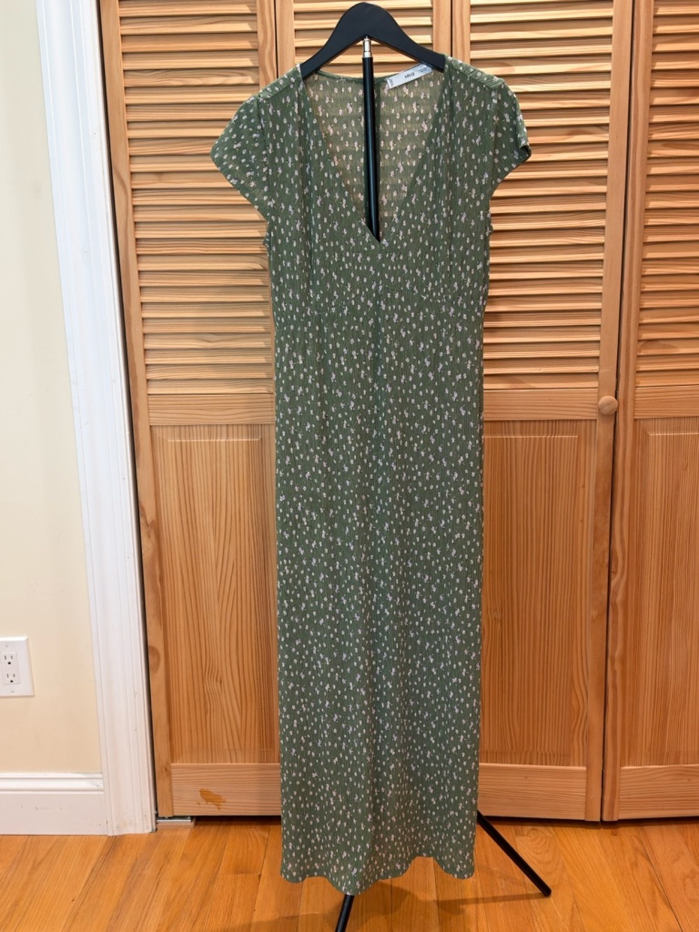 Mango Olive Green Ditsy-Print V-Neck Maxi Dress